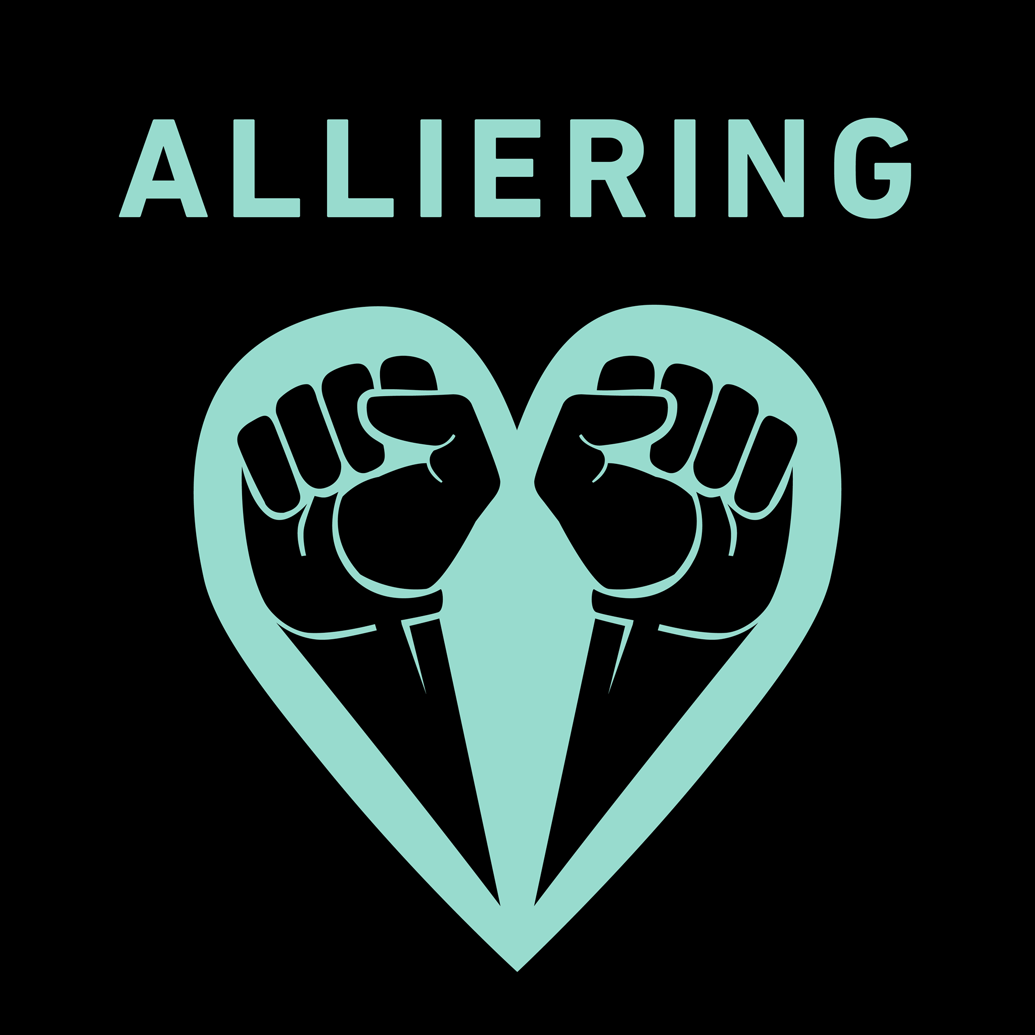 Formgiven bild med texten “Alliering” samt projekt #Allierads logotyp i form av två knutna nävar formade till ett hjärta.