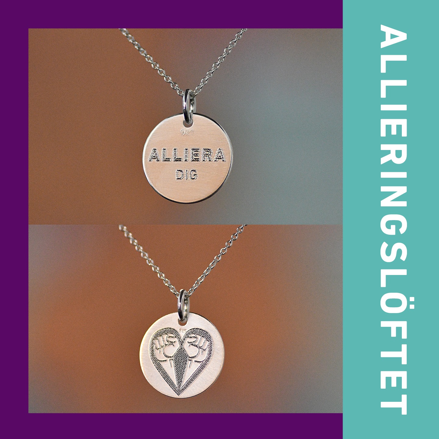 Två foton av silverberlock med texten "Alliera dig!" respektive Allierads symbol på – två knutna nävar formade till ett hjärta samt bård med texten “Allieringslöftet”.